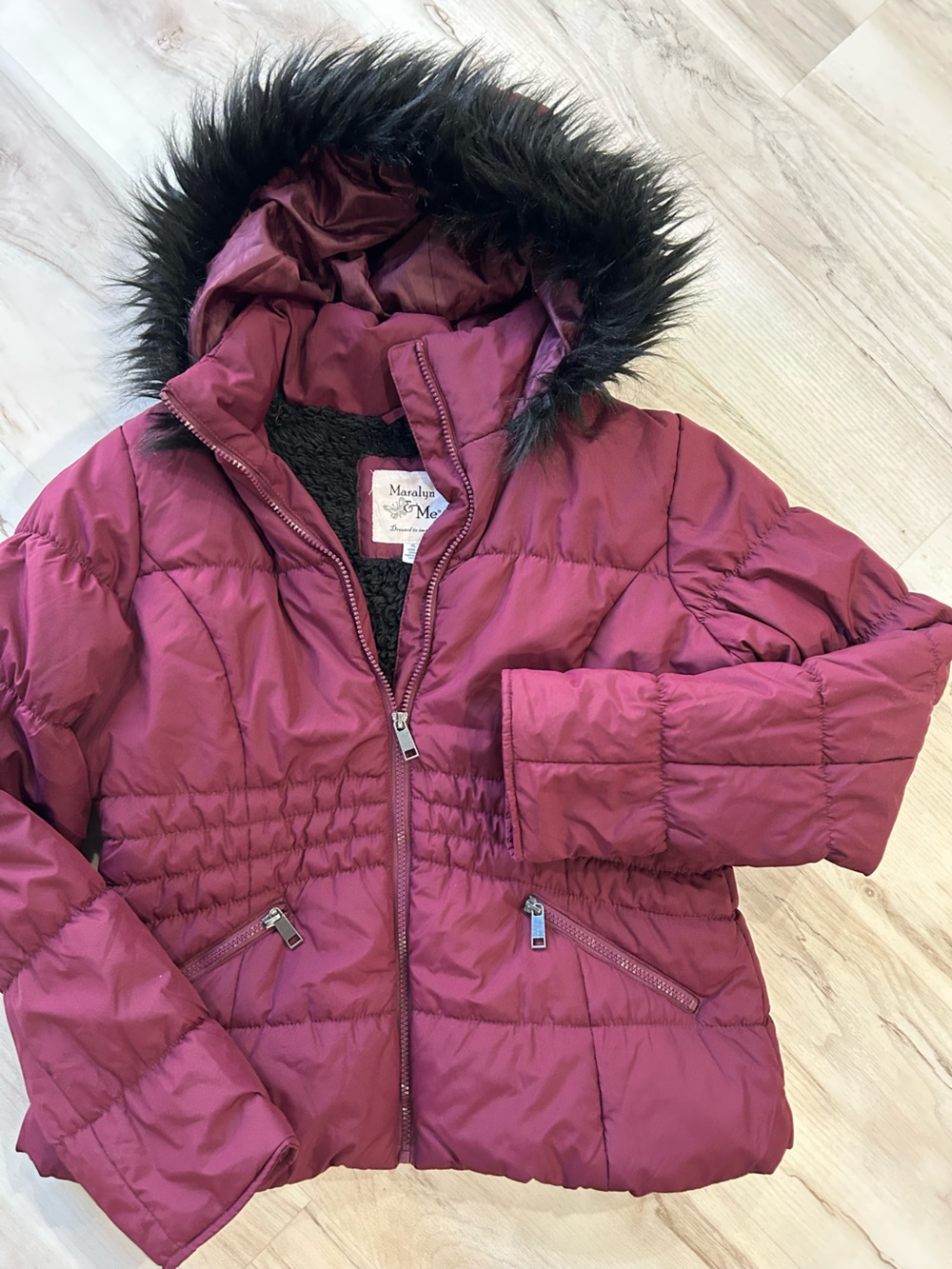 Maralyn & Me women’s Raspberry Plum Puffer with Faux Fur Hood